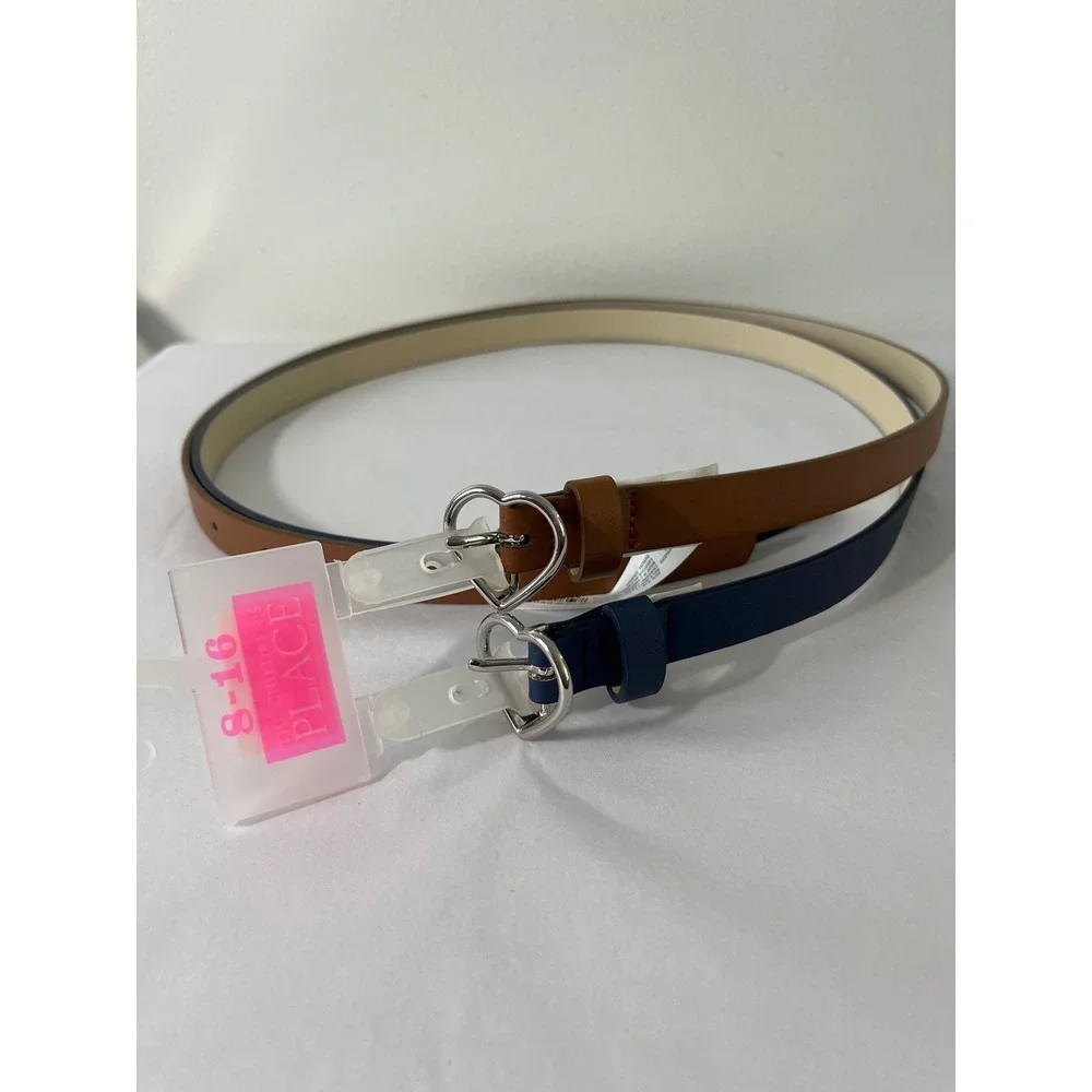 The Childrens Place Girls 2 Pack Heart Buckle Belts Navy Brown Size 8-16 NWT